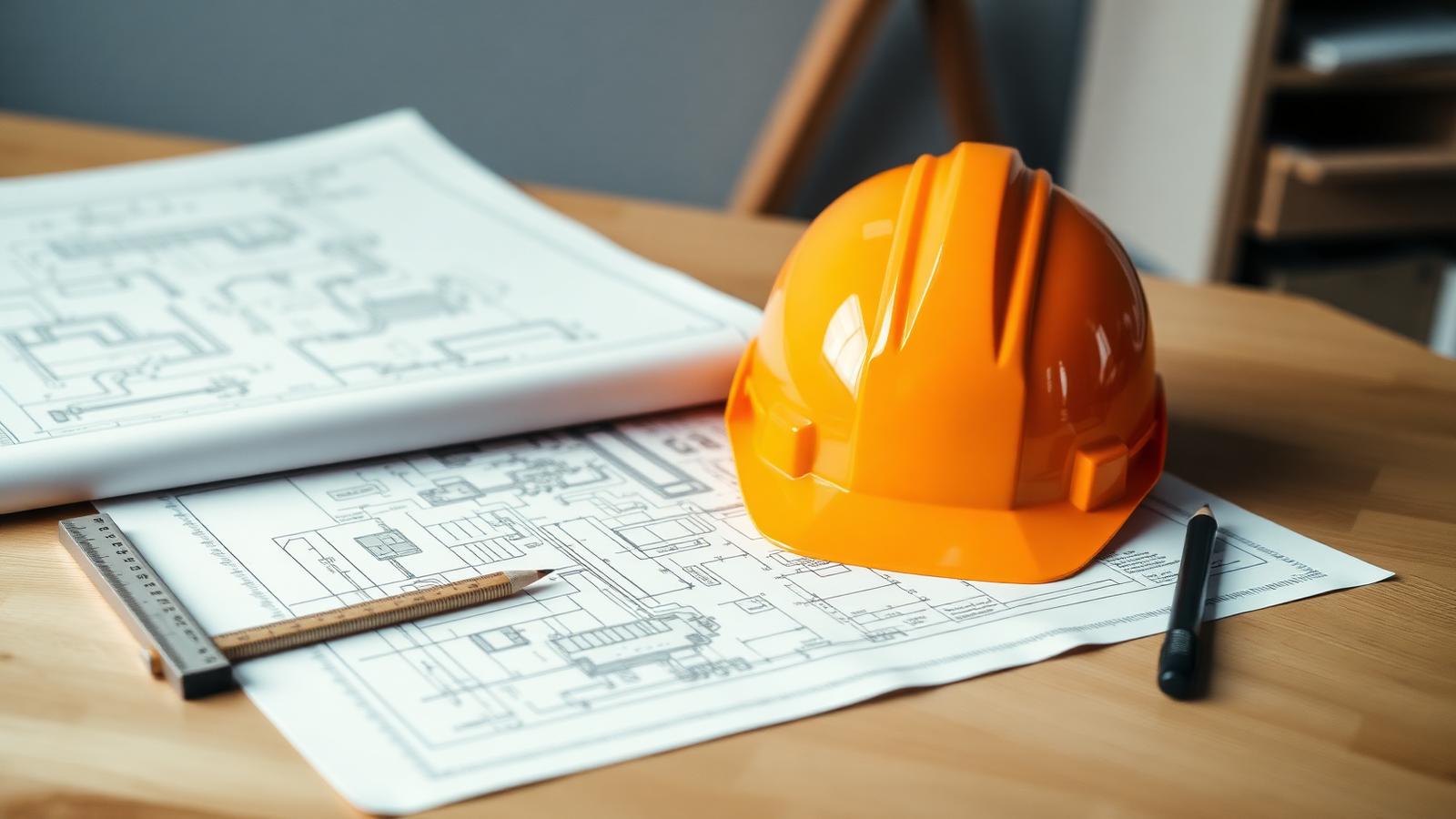 Mühendislik planı üzerinde iş güvenliği bareti